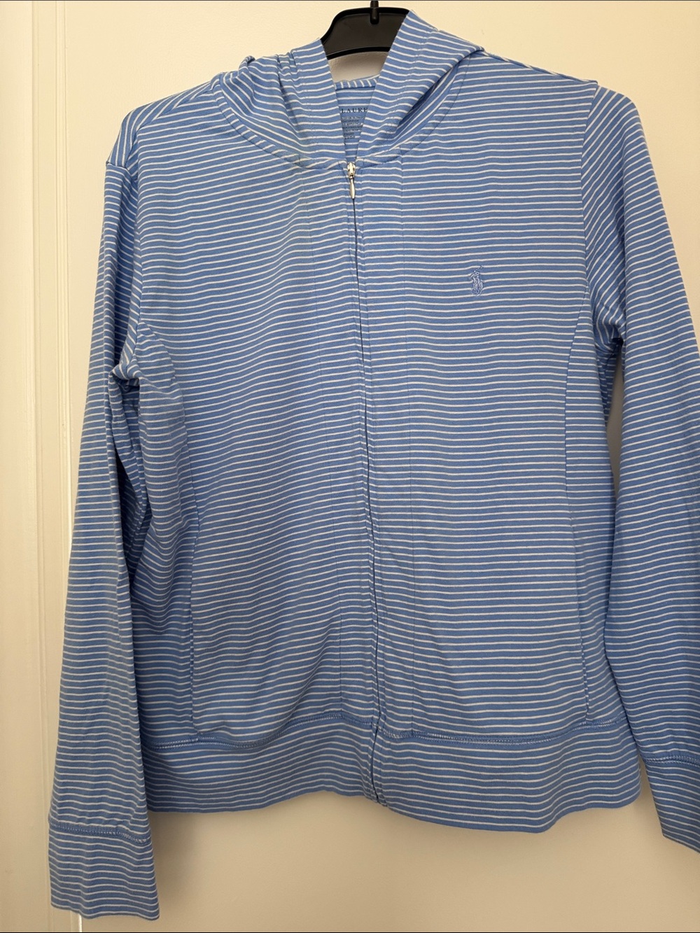 Ralph Lauren Light Blue & White Striped Zip Hoodie Sweater - women